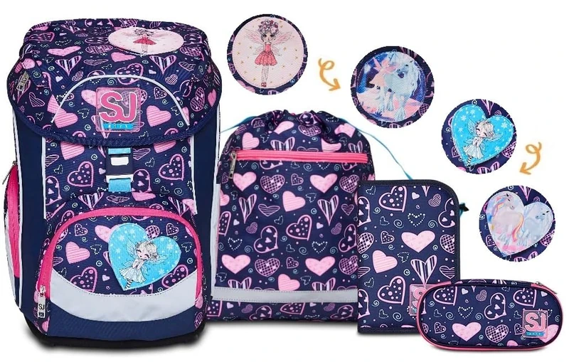 SJ GANG School Set UPDOWN BOX - Backpack HEARTLY MIX, ergonomic & sustainable, with adjustable Shoulder Straps + Filled Pencil Case + Pen bag