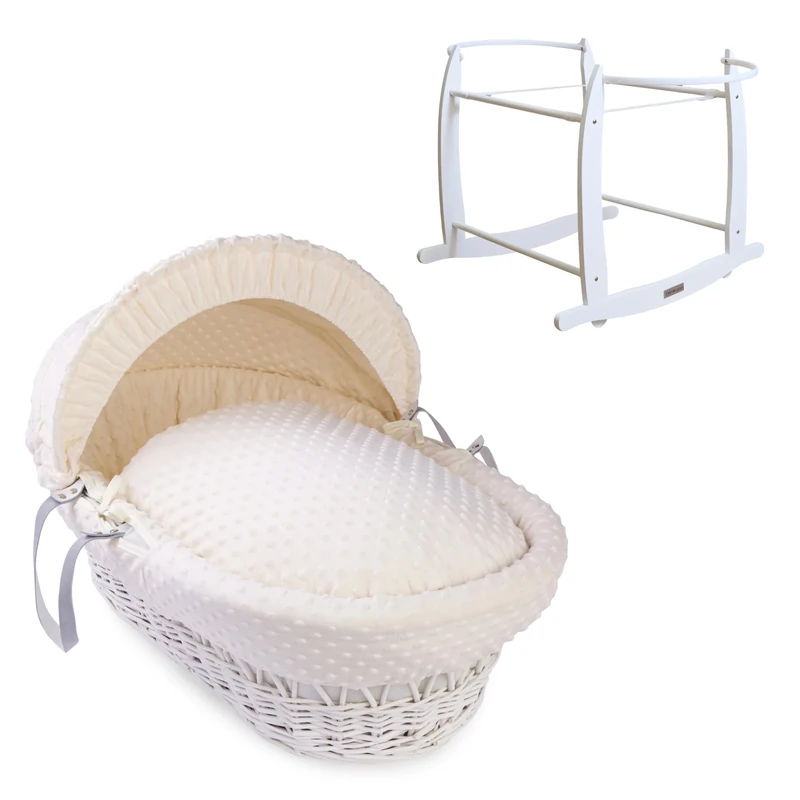 Clair de Lune Dimple White Wicker Moses Basket with White Deluxe Rocking Stand (Cream)