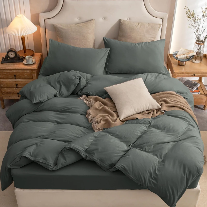 PURE ERA Jersey Knit Duvet Cover Set 100% T-Shirt Cotton Super Soft Comfy 3pc Bedding Set with Zipper Closure (Solid Dark Greenish Gray, Queen)