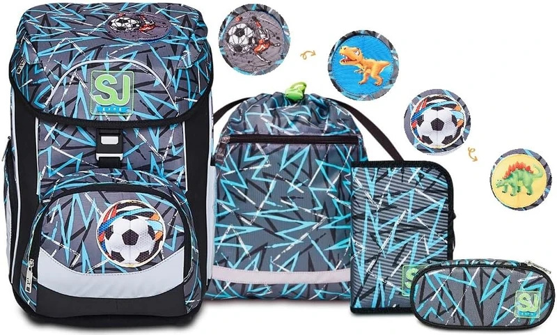 SJ GANG School Set UPDOWN BOX - Backpack THUNDERCHECK, ergonomic & sustainable, with adjustable Shoulder Straps + Filled Pencil Case + Pen bag