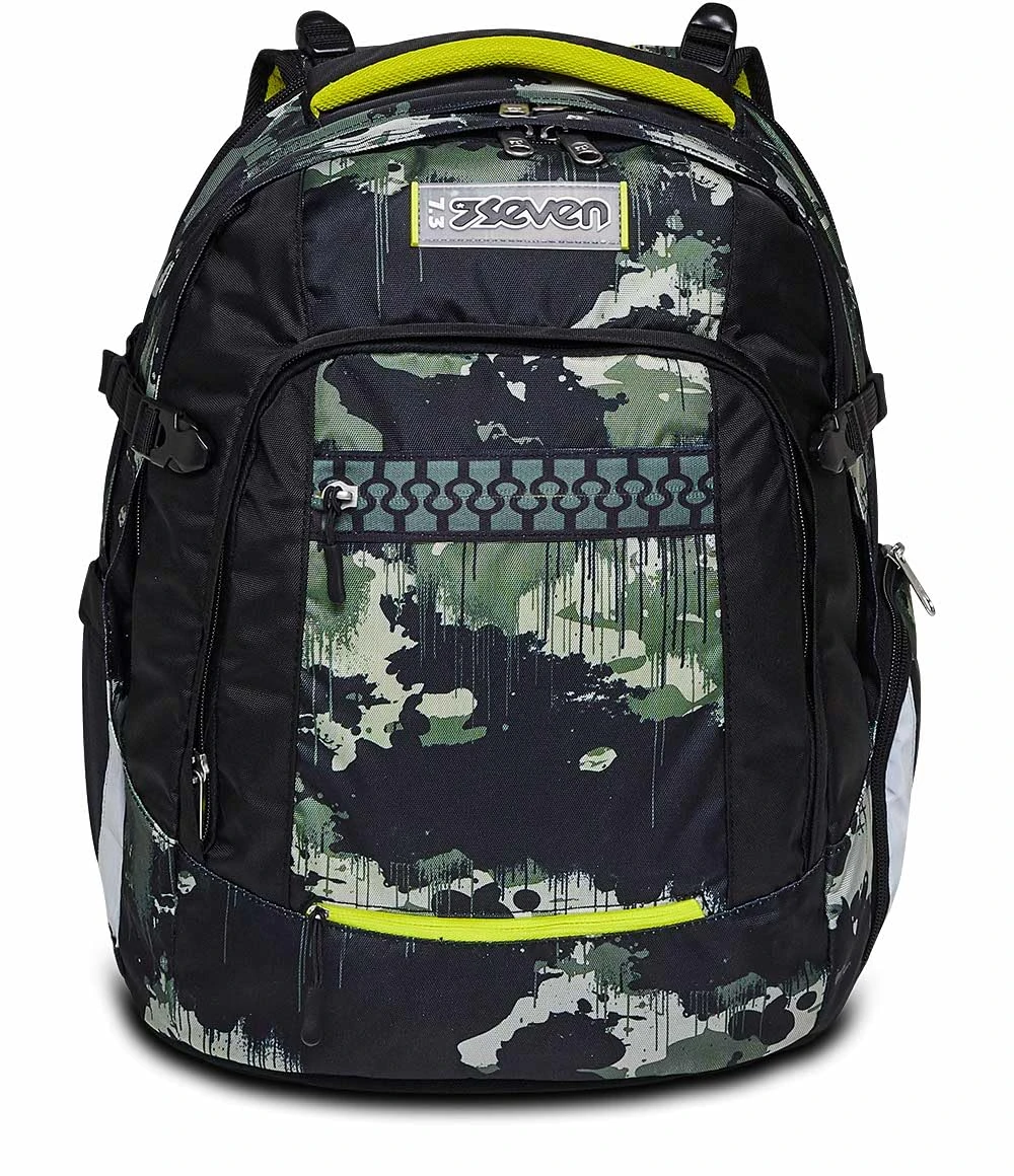 Seven Backpack, UPDOWN TWICE GREENISH WILD Eco-friendly Ergonomic Knapsack, for Teen Girls& Boys - For School, Sport, Free Time, with Side Pockets, many Compartments, Shoulder Straps Adjustment System