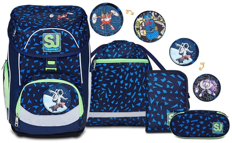 SJ GANG School Set UPDOWN BOX - Backpack SHIFTY SPOTS, ergonomic & sustainable, with adjustable Shoulder Straps + Filled Pencil Case + Pen bag