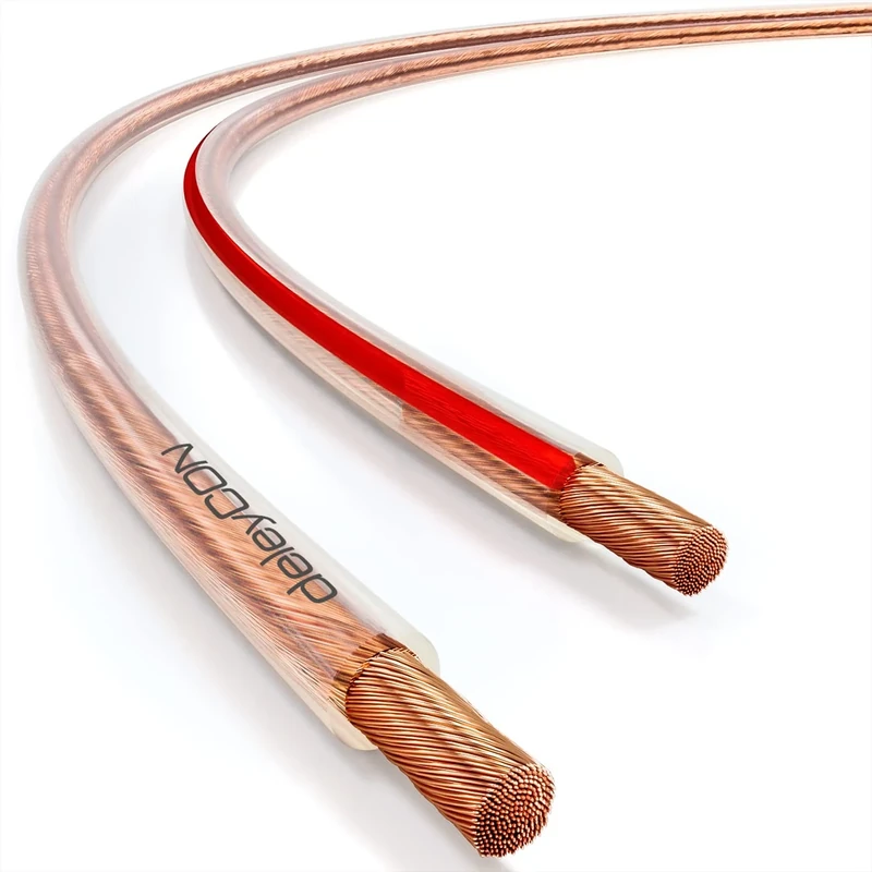 deleyCON 40 m Speaker Cable - 2 x 2.5 mm² Pure Copper OFC Audio Cable for HiFi & Surround Speakers - Polarity Marked, Transparent