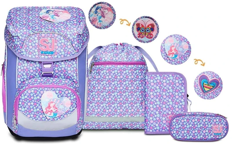 SJ GANG School Set UPDOWN BOX - Backpack LOVELY DOTS, ergonomic & sustainable, with adjustable Shoulder Straps + Filled Pencil Case + Pen bag