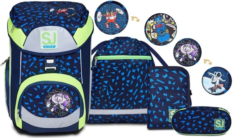 SJ GANG School Set REFLECTIVE BOX - Backpack SHIFTY SPOTS, ergonomic & sustainable, with adjustable Shoulder Straps + Filled Pencil Case + Pen bag