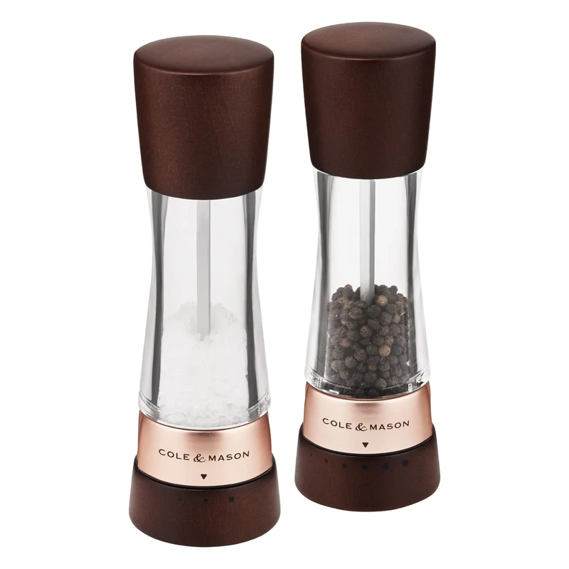 Cole & Mason Derwent Chestnut Rose Gold Salt and Pepper Mills, Gourmet Precision+, Adjustable Grind, Stained Beech/Acrylic, 190 mm, Gift Set, Includes 2 x Salt and Pepper Grinders