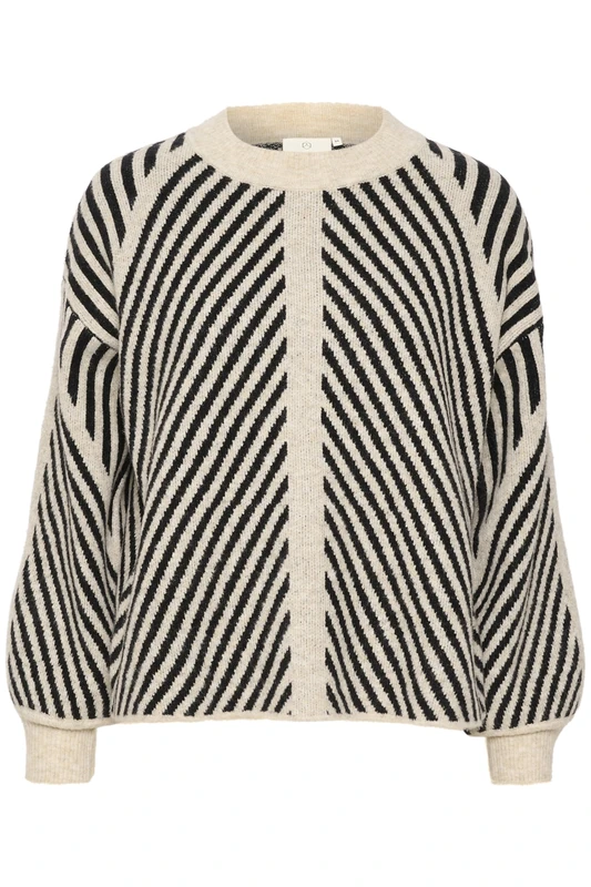 KAFFE Women's Pullover Regular Fit Long Sleeves Crew Neck Striped Knit, Beige Melange/Black, Small