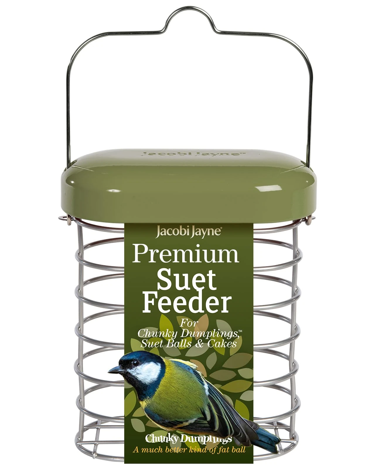 Fat Ball Feeder - Jacobi Jayne® Hanging Suet Feeder - Holds up to 6 Fat Balls or 2 Suet Cakes - Metal Squirrel Proof Bird Feeder for Wild Birds - Fat Ball Holder for Garden Birds (Green)