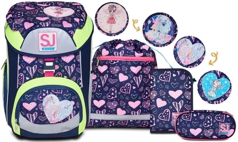 SJ GANG School Set REFLECTIVE BOX - Backpack HEARTLY MIX, ergonomic & sustainable, with adjustable Shoulder Straps + Filled Pencil Case + Pen bag