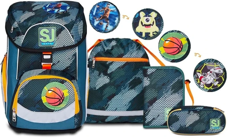 SJ GANG School Set UPDOWN BOX - Backpack GREEN SHADOWS, ergonomic & sustainable, with adjustable Shoulder Straps + Filled Pencil Case + Pen bag