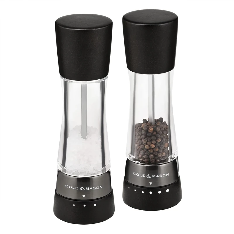 Cole & Mason Derwent Black Wood Salt and Pepper Mills, Gourmet Precision+, Adjustable Grind, Stained Beech/Acrylic, 190 mm, Gift Set, Includes 2 x Salt and Pepper Grinders
