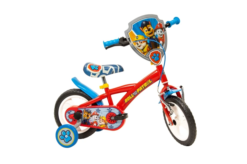 Toimsa Paw Patrol Kids Bike, Learn to Ride Bicycle, With Training Wheel Stabilisers and Front Shield Accessory, 12" Wheels, for Children Age 3+, Blue and Red