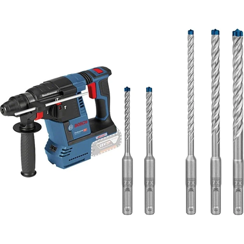 Bosch Professional 18V System Cordless Rotary Hammer GBH 18V-26 + 5X Expert SDS plus-7X Hammer Drill Bit Set (for Soft Stone, Hard Stone, Ø 5-10 mm)