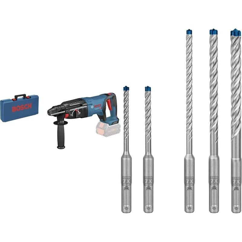 Bosch Professional 611916000 GBH18V-26 D Drills & Screwdrivers, Blue + 5X Expert SDS plus-7X Hammer Drill Bit Set (for Soft Stone, Hard Stone, Ø 5-10 mm, Professional Accessory Rotary Hammer Drill)