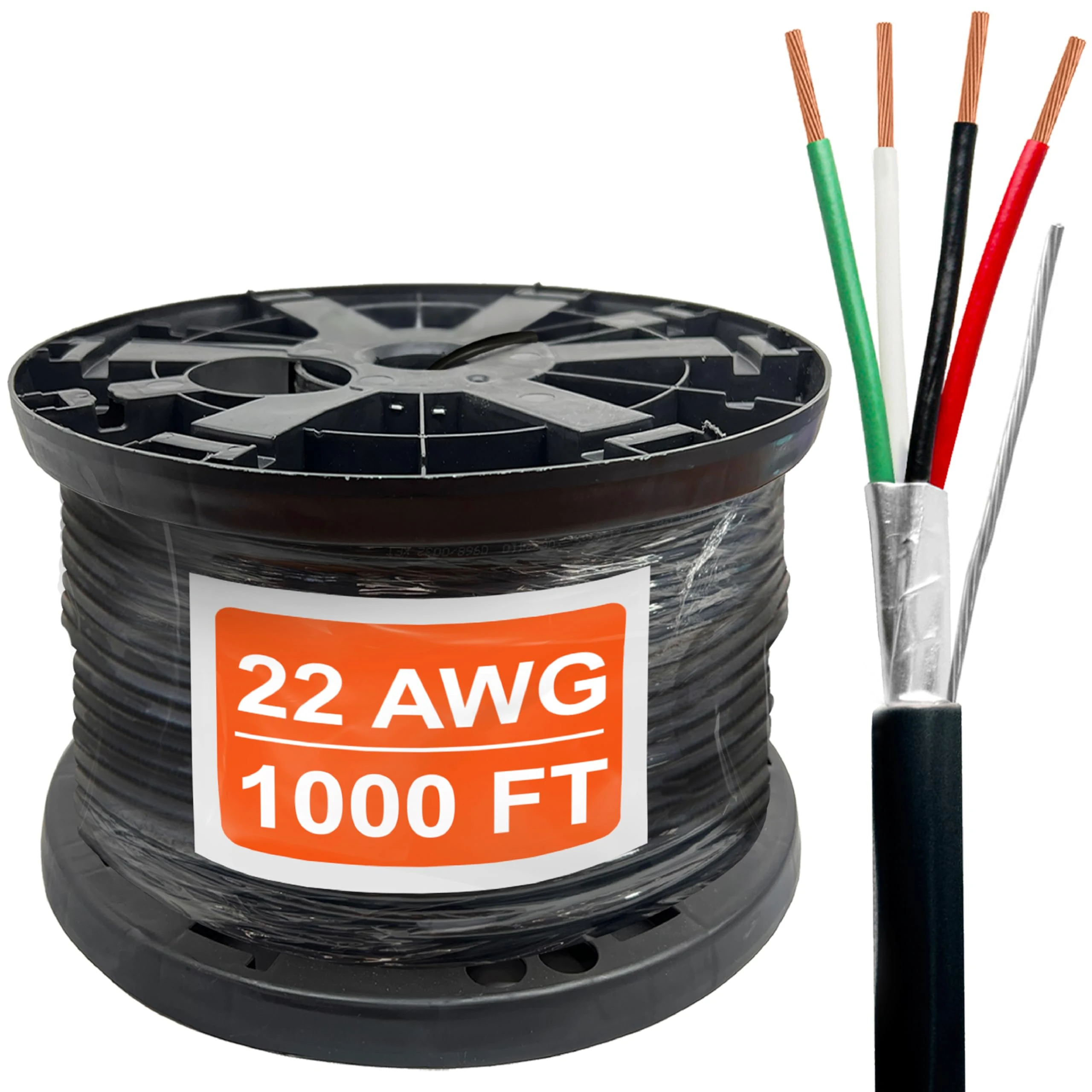 Custom Cable Connection 22 AWG 4 Conductor Stranded Shielded Plenum Cable Black CL3P Jacket for Security/Alarm/Access Control/Sound - 1000 Foot Spool