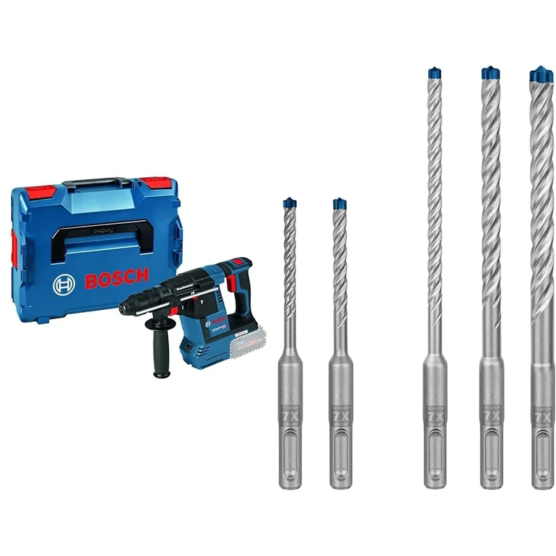 Bosch Professional 18V System Cordless Rotary Hammer GBH 18V-26 (incl. Aux. Handle, Without Battery/Charger) + 5X Expert SDS plus-7X Hammer Drill Bit Set (for Soft Stone, Hard Stone, Ø 5-10 mm)