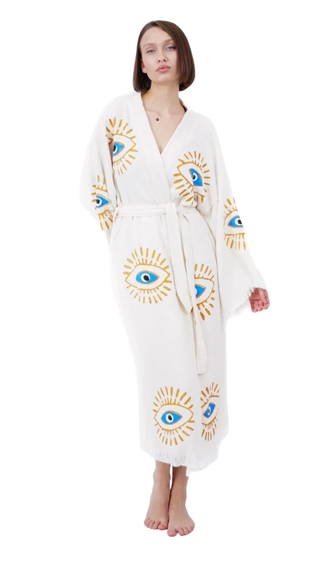 Bodho Unisex Boho Beachwear Kimono, Beige, One Size - Image 1
