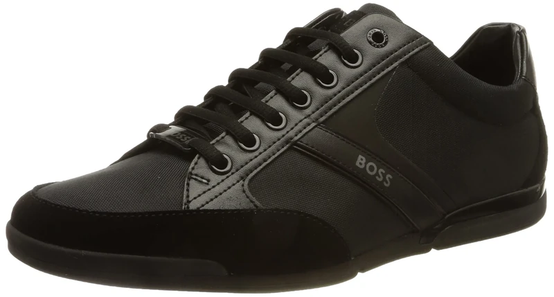 BOSS Mens Saturn Lowp Mixed-Material Trainers with Suede and Faux Leather Size 11 Black