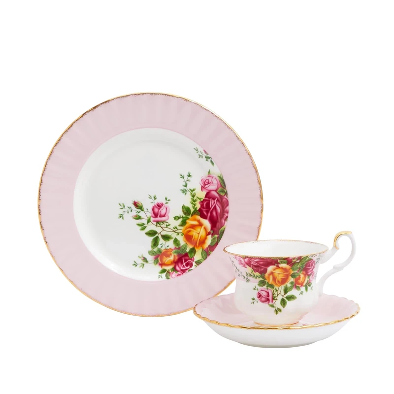 Royal Albert Teaware & Coffee Sets, FIne Bone China, Old Country Rose Teacup Saucer Plate, Rose, 3pcs