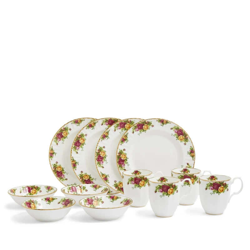 Royal Albert Tableware Set, Made with Fine Bone China, Old Country Rose Breakfast Set, Floral Patterns and Gold Details, 12pcs