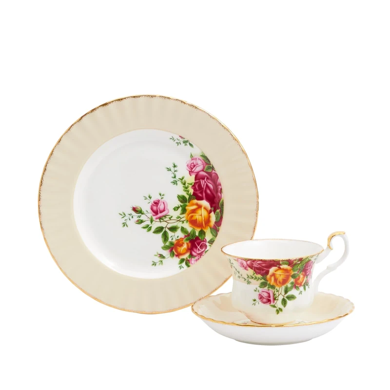 Royal Albert Teaware & Coffee Sets, Fine Bone China, Old Country Rose Teacup Saucer Plate, Vanilla, 3pcs