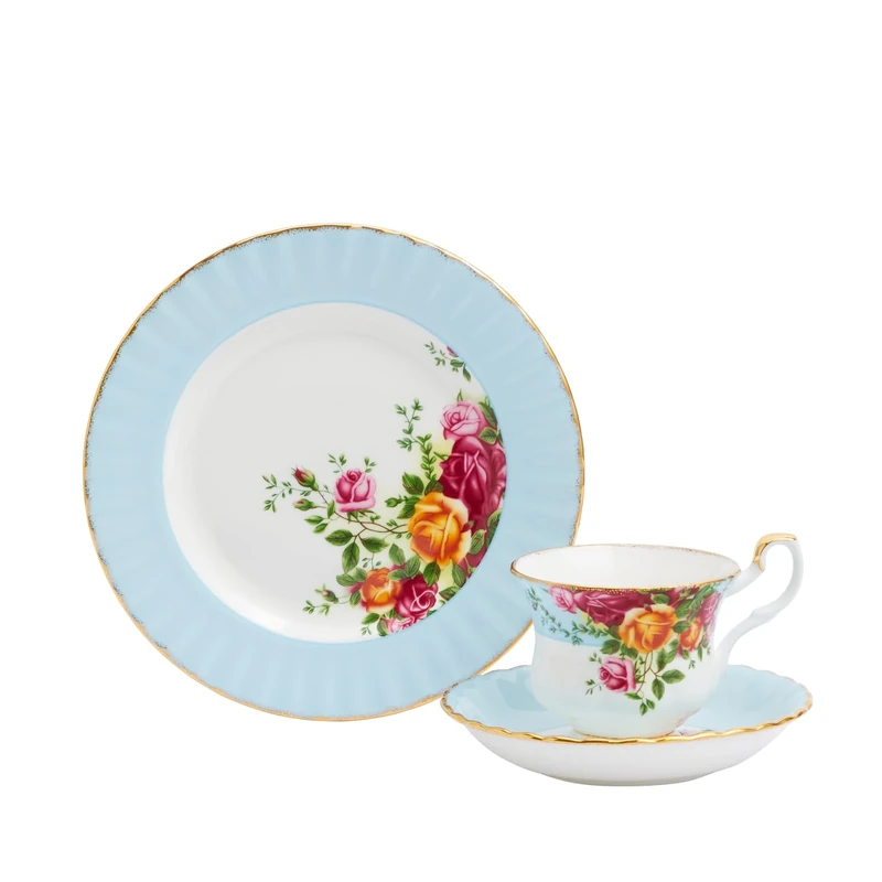 Royal Albert Teaware & Coffee Sets, Bone China, Old Country Rose Teacup Saucer Plate, Aqua, 3pcs