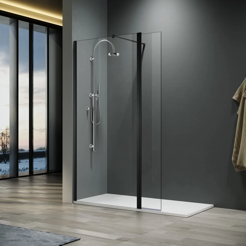 ELEGANT 760x1900mm Shower Enclosure with 8mm Clear Easy Clean Safety Glass Walkin Shower Screens Panel+ Black Stainless Steel Support Bars with 300mm Flipper Panel