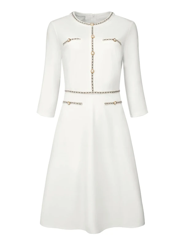 Hobemty Women's 3/4 Sleeve Elegant A-Line Office Tweed Church Dresses, White, L
