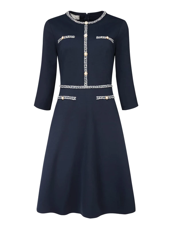 Hobemty Women's 3/4 Sleeve A-Line Dress 2024 Elegant Tweed Office Church Dresses, Navy Blue, S