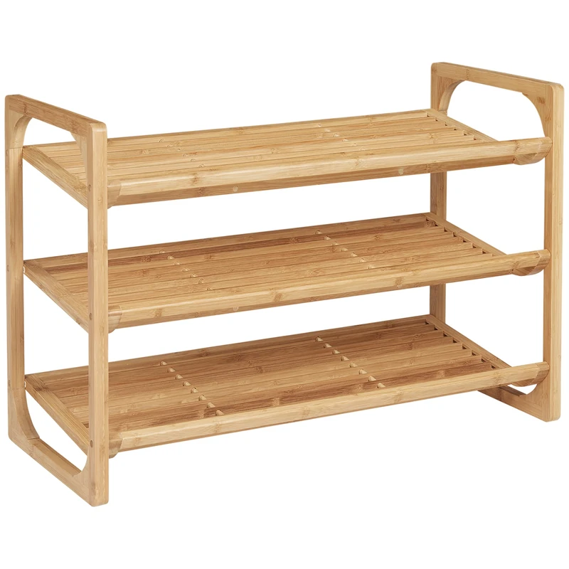 HOMCOM 3-Tier Shoe Rack, Bamboo Shoe Storage Organizer with Slatted Shelves, Free Standing Shoe Shelf Stand for 9 Pairs of Shoes for Entryway, Hallway, Natural - Image 1