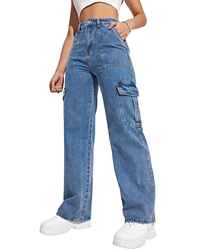 Flvsun Women's Cargo Pants High Waisted Baggy Cargo Jeans Straight Leg Y2K Streetwear Trousers 6 Pockets for Women Teen Girl., Light Blue, S