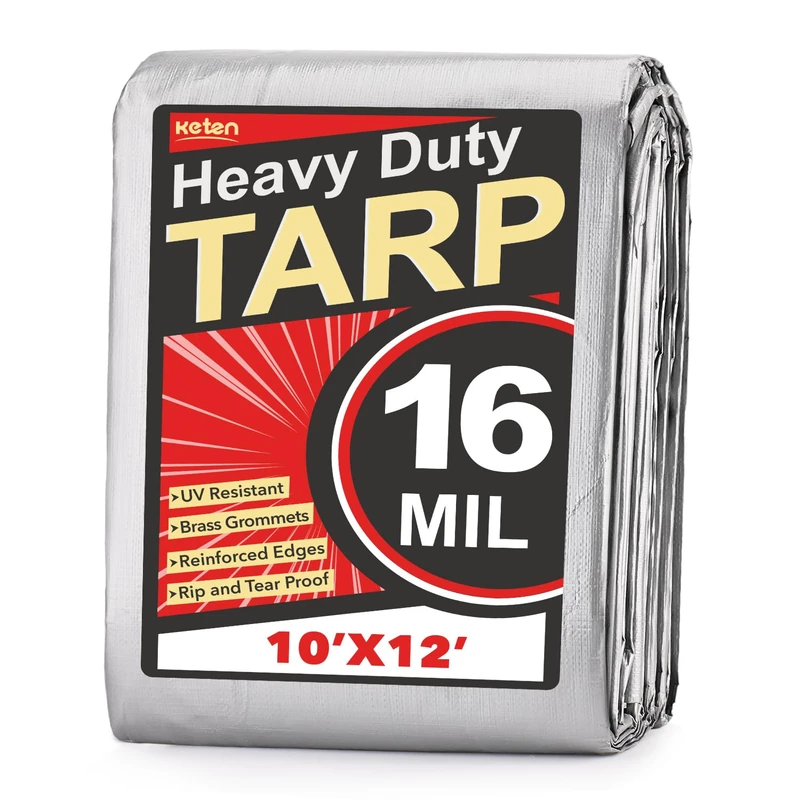 Keten Tarps Heavy Duty Waterproof 10’ X 12’, Extra Thick 16 Mil, Tear & Fade Resistant, 100% UV Blocking, Outdoor Tarp with Reinforced Grommets for Roof, Camping, Patio, Pool, Boat(Silver/Black)