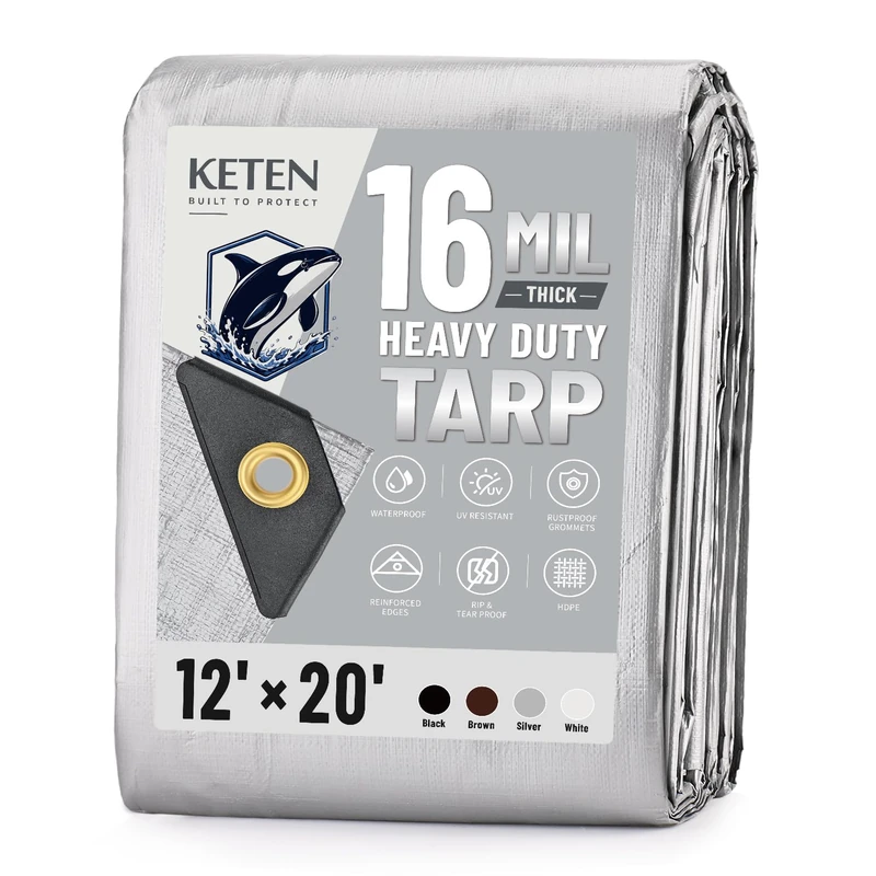 Keten Tarps Heavy Duty Waterproof 12X20 Feet, Extra Thick 16 Mil, Tear & Fade Resistant, UV Blocking, Outdoor Tarp with Reinforced Grommets for Roof, Camping, Patio, Pool, Boat(Silver/Black)