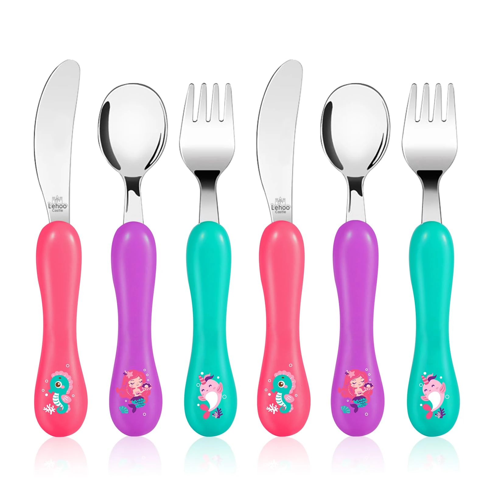 Lehoo Castle Toddler Cutlery, 6pcs Stainless Steel Kids Children's Cutlery for Girls, Incudes 2 x Spoons, 2 x Forks, 2 x Knives