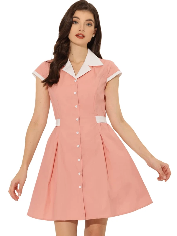 Allegra K Women's Vintage Button Down Shirt Dress Notch Lapel Short Sleeve Belted Office Mini Short Dresses, Pink, M