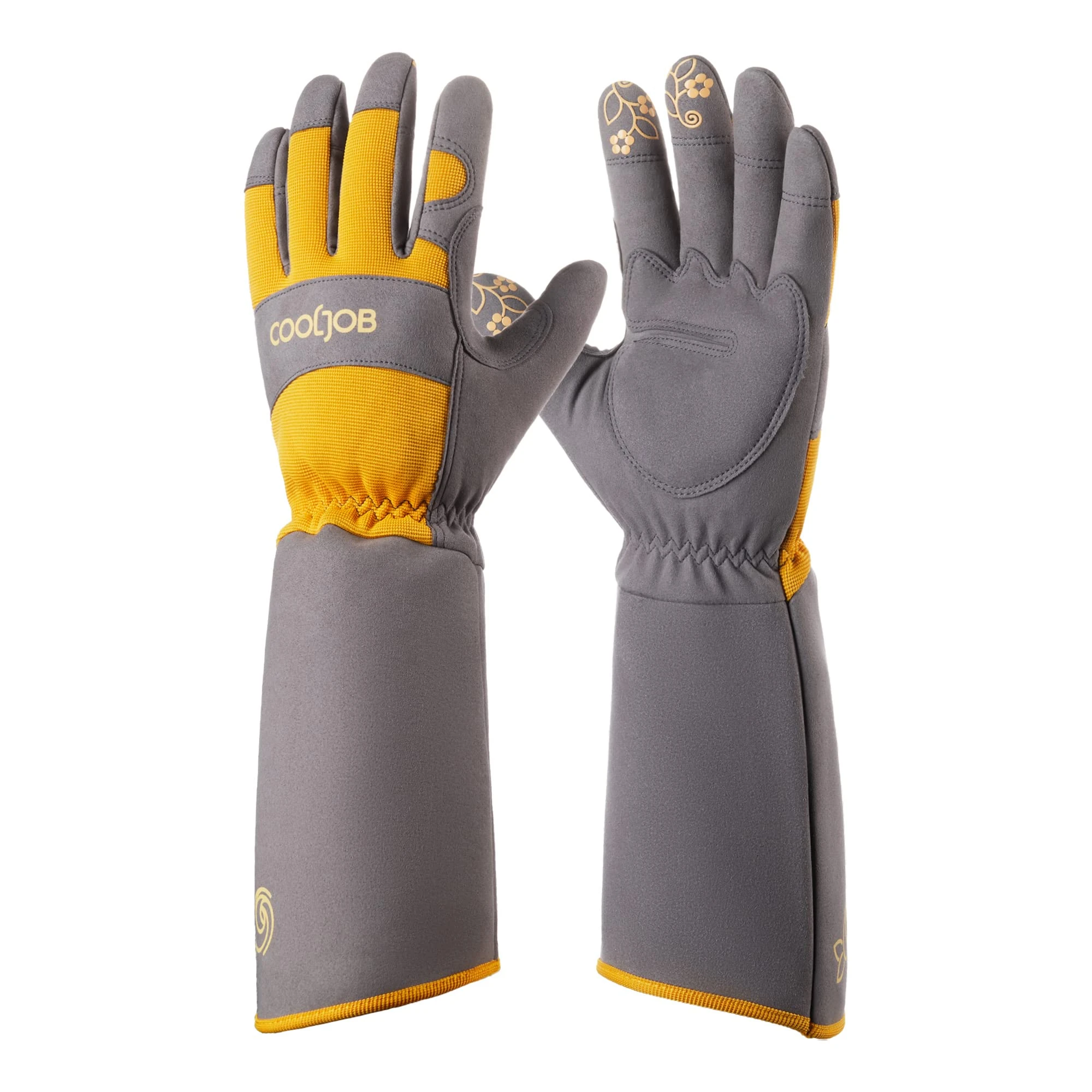 COOLJOB Gardening Gloves for Women and Men, Thorn Resistant Heavy Duty Garden Gloves, Long Sleeve Forearm Protection Ladies, Synthetic Leather Gauntlets for Pruning, Orange & Grey (1 Pair, Size M-L)