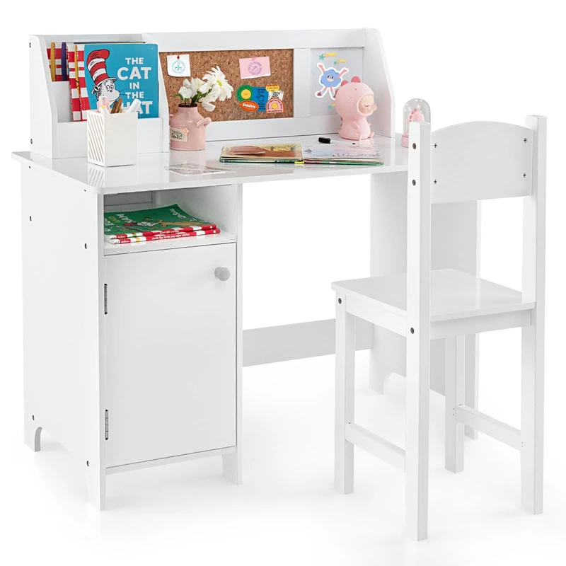GYMAX Kids Desk and Chair Set, Wooden Children Table with Chair, Storage Space, Marker, Whiteboard & Bulletin Board, Toddler Study Desk Set for 3 Years Old + Boys Girls (White) - Image 1