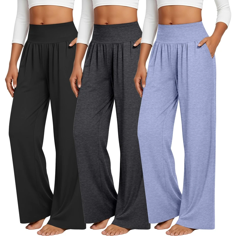 Neer 3 Pcs Women's Wide Leg Yoga Pant Comfy Loose Sweatpants High Waist Lounge Casual Athletic Pant Workout Joggers Pant, Black, Gray, Blue, XL - Image 1