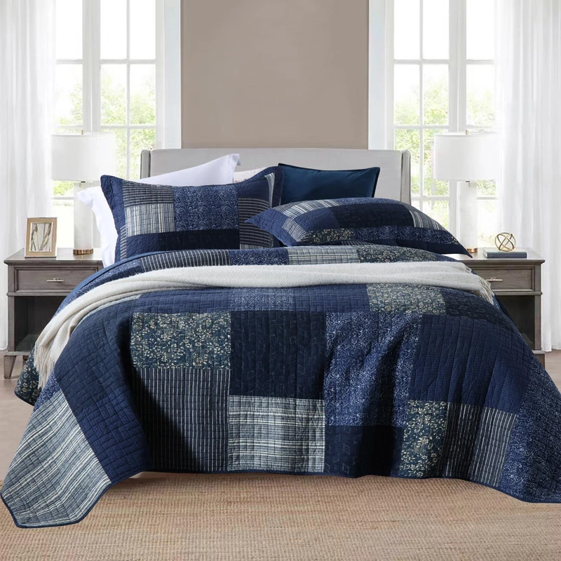 Yvooxny Quilts Queen Size Reversible Lightweight Bedspread 3-Piece Quilt Set Plaid Floral Patchwork 100% Cotton Queen Quilt Set Bedding Set with Pillow Shams for All Seasons, Azure Blue, 90x98''