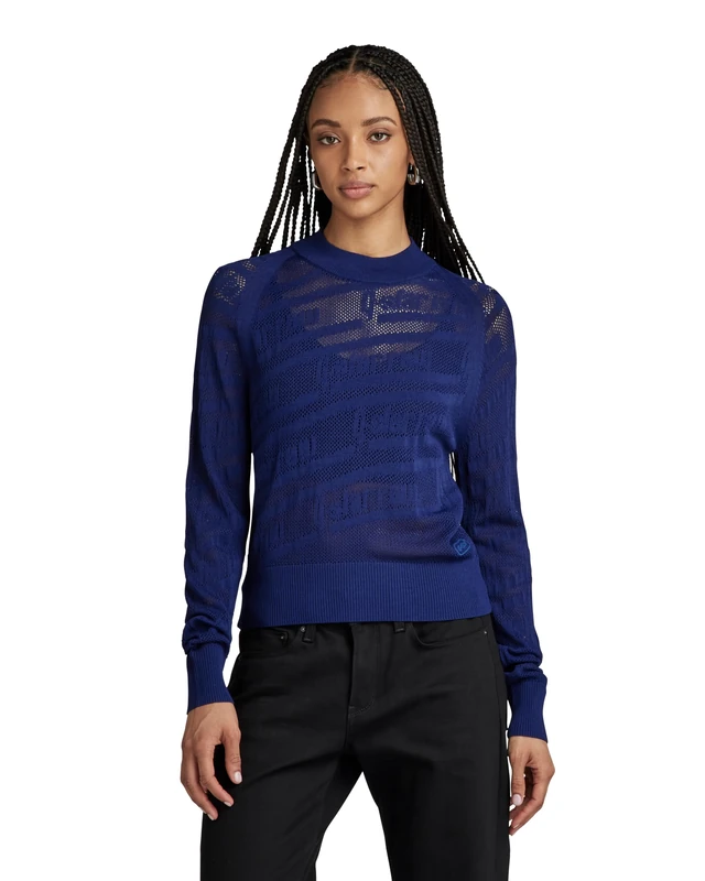 G-Star Women's Pointelle Text Knitted Sweater, Blue (ballpen blue D23924-B754-1822), L