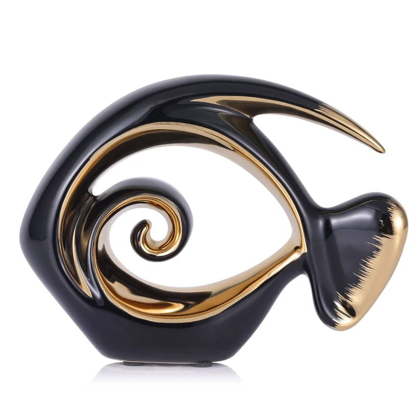 QIANLING Ceramic Fish Statue Sculpture Ornament (Black-L)