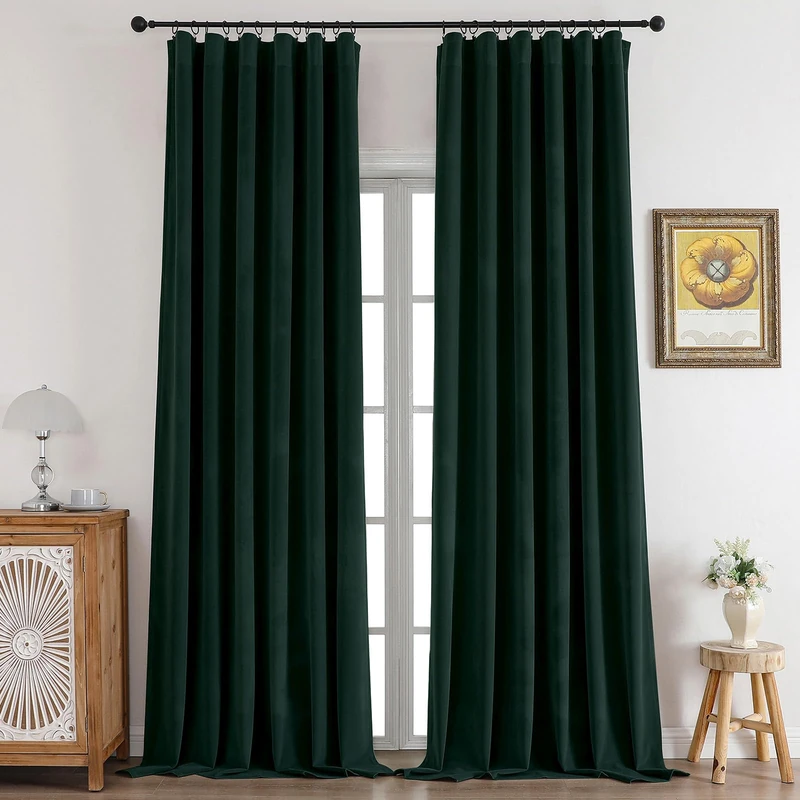 CUCRAF Dark Green Velvet Curtains 108 inches Long, Soft Room Darkening Rod Pocket Blackout Curtain, Thermal Insulated Noise Reduction Window Drapes for Living Room Bedroom (52 x 108 Inch, 2 Panels)