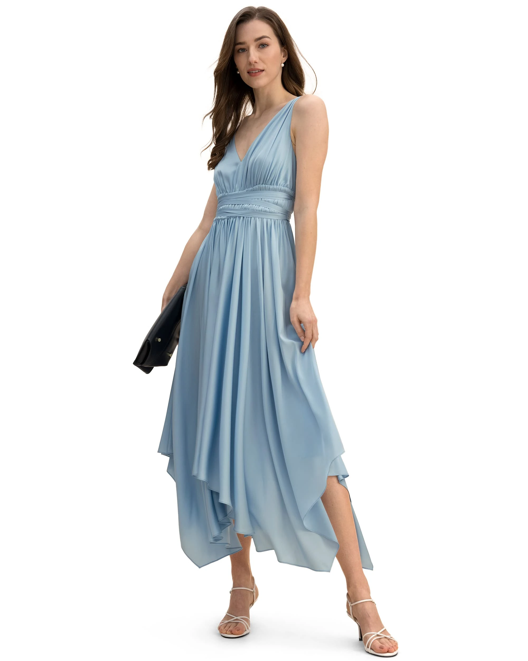 LilySilk Elegant Silk Dress for Women Long Sexy V Neck Retro Vintage Irregular Hem Rmovable Belt Sleeveless Vacation Party Wedding Ladies Silk Dresses(Light Blue,6)