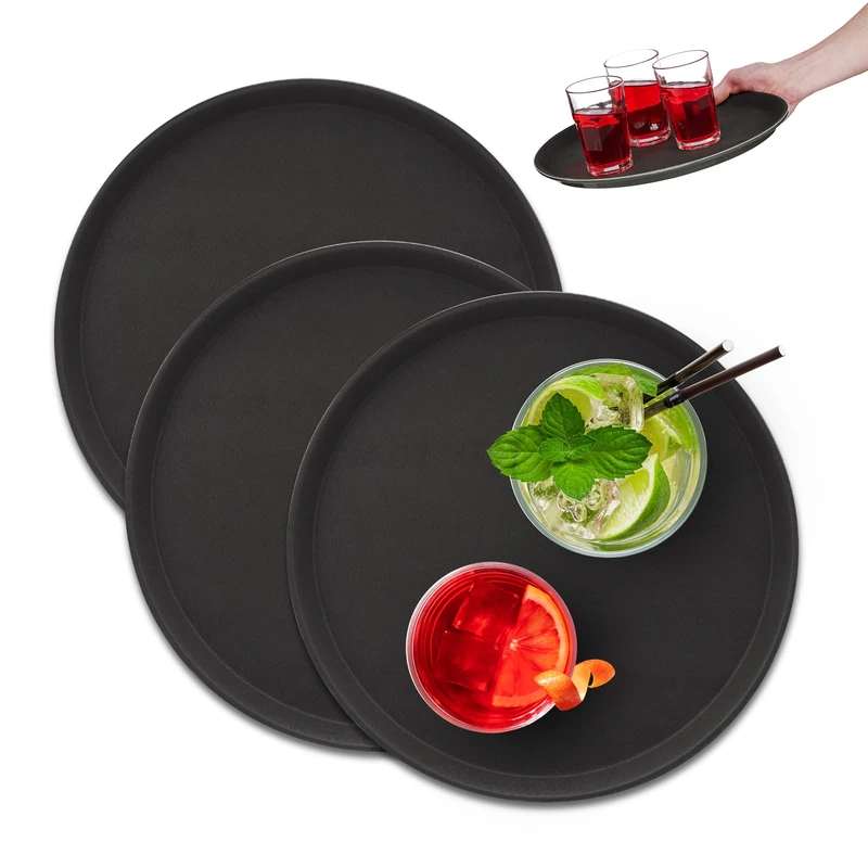 Relaxdays Set of 3 Serving Tray, Round Ø 35 cm, Bar Drinks Plate, Non-Slip Surface, Waiter's Catering, Versatile, Black