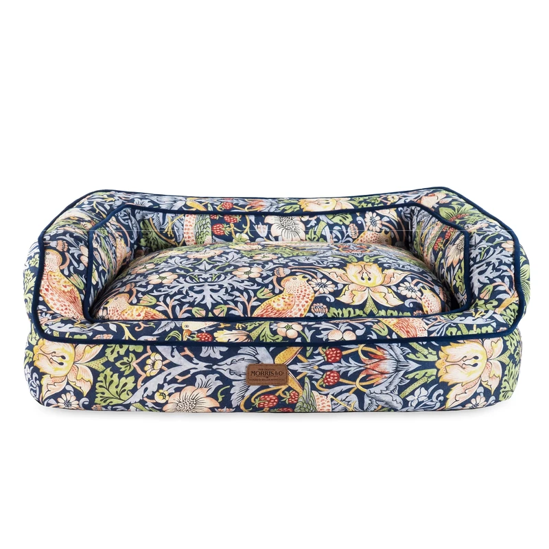 Rosewood x Morris & Co. Strawberry Thief Sofa Bed for Dogs, Large Dog Bed, Dark Blue, Thickly Padded, Non-Slip Base, Washable, Luxury William Morris Print