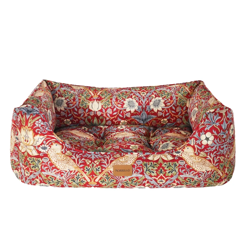 Rosewood x Morris & Co. Strawberry Thief Box Bed for Dogs, Large Dog Bed, Burgundy, Padded Sides, Non-Slip Base, Washable, Luxury William Morris Print