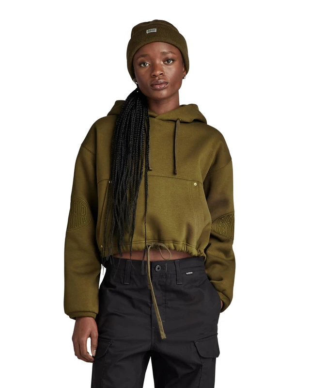 G-Star Women's Sleeve Graphic Cropped Loose Hoodie, Green (dark olive D23888-D425-C744), S