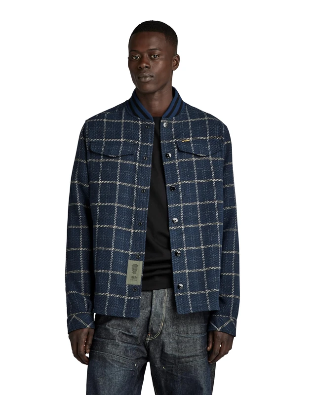 G-Star Men's Bomber Collar Overshirt, Multicolour (rank blue dash check D20662-D406-G085), S
