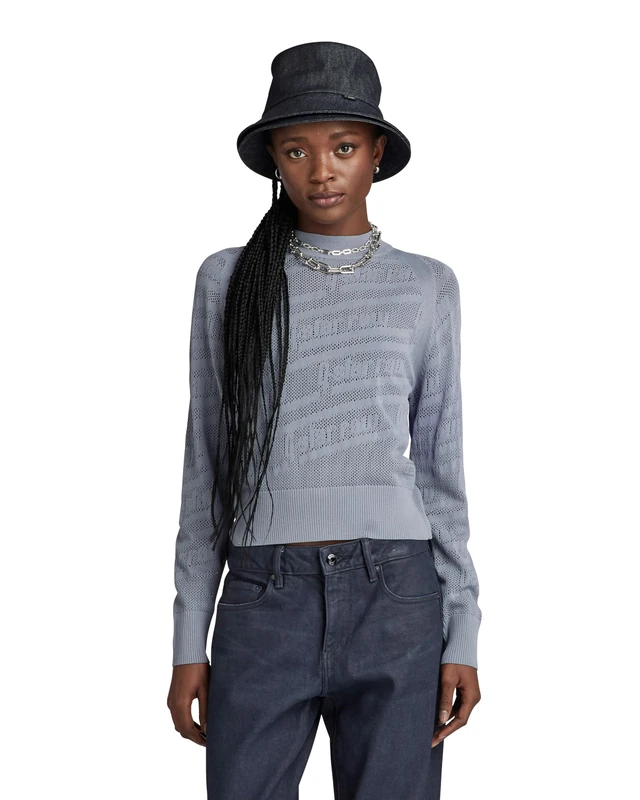G-Star Women's Pointelle Text Knitted Sweater, Grey (dim grey D23924-B754-3885), S