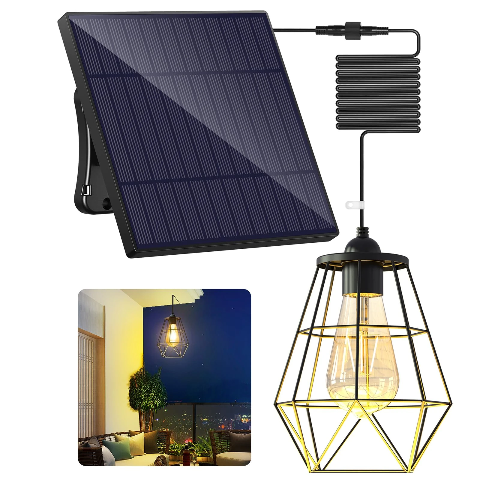 intelamp Solar Shed Light 4000mAh Battery Black Metal Basket Solar Pendant Light Solar Chandelier with 16.4FT Cable, Hanging Light for Outside Garden Yard Gazebo Barn Chicken Coop